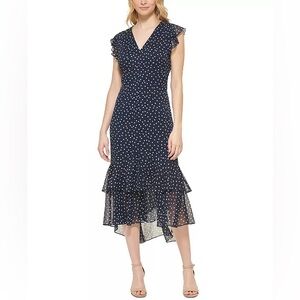 TOMMY HILFIGER Elegant Women White and Black Chiffon Polka Dot Dress, Size 4